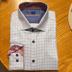 Men's White and Blue Checkered Dress Shirt NWT